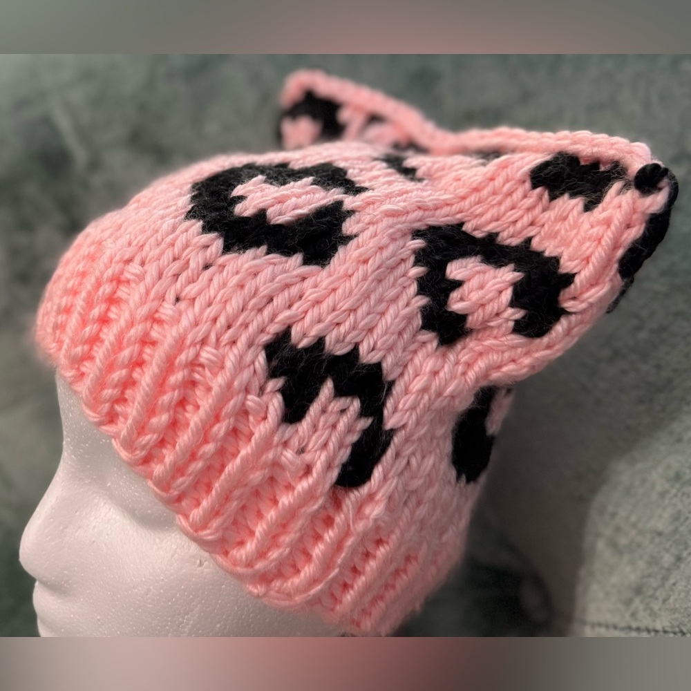 Handmade Hand Crafted Knit Leopard Print Cat Hat Pink and Black - Picture 10 of 11